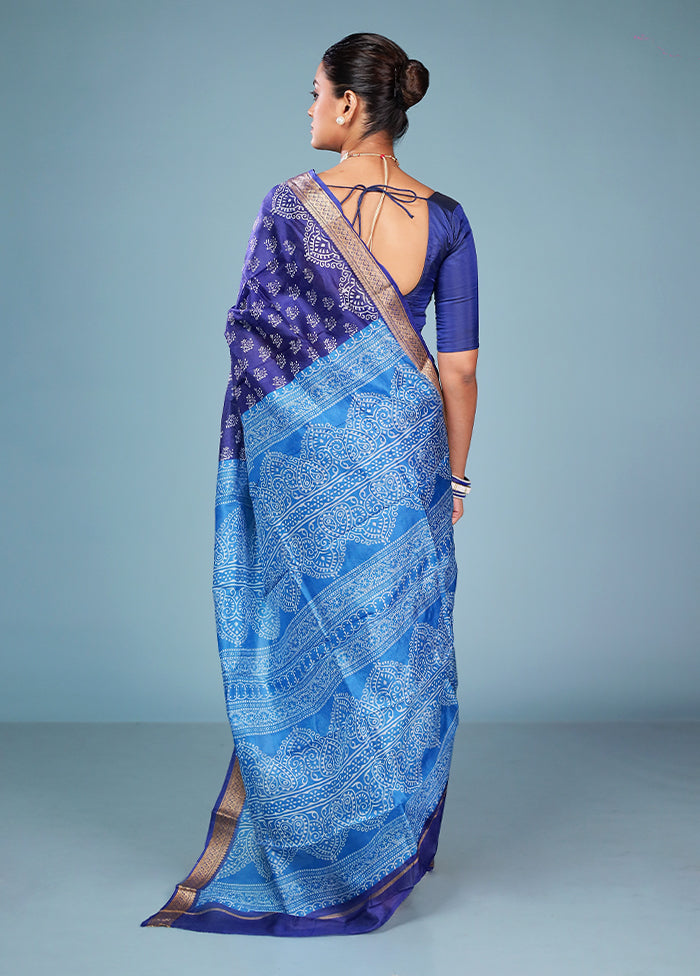 Blue Printed Pure Silk Saree Without Blouse Piece
