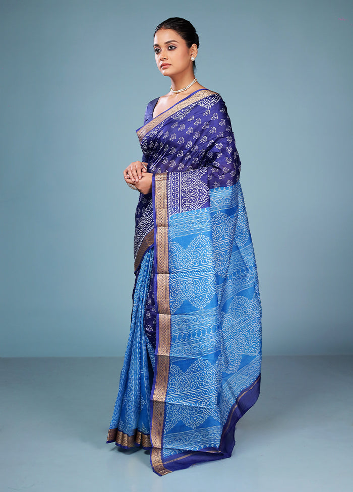 Blue Printed Pure Silk Saree Without Blouse Piece