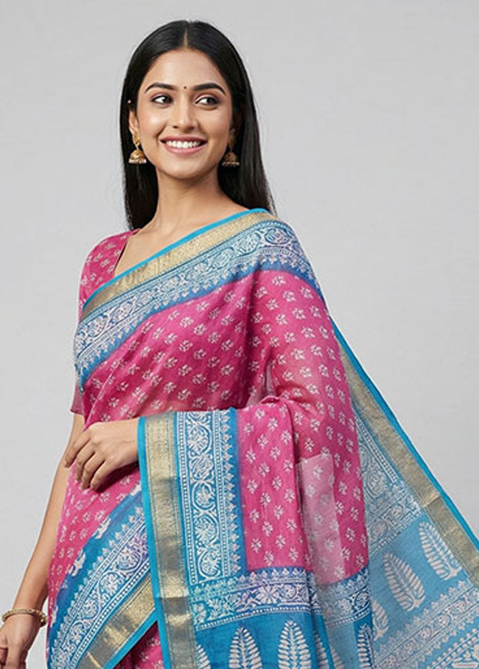 Pink Printed Silk Saree Without Blouse Piece