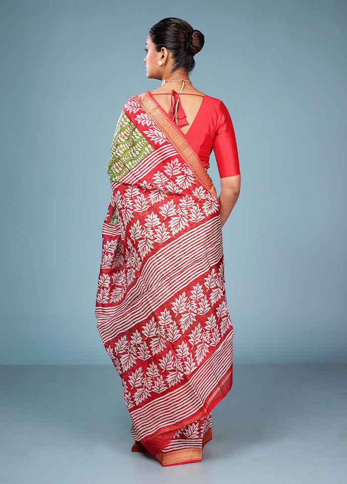 Green Printed Pure Silk Saree Without Blouse Piece