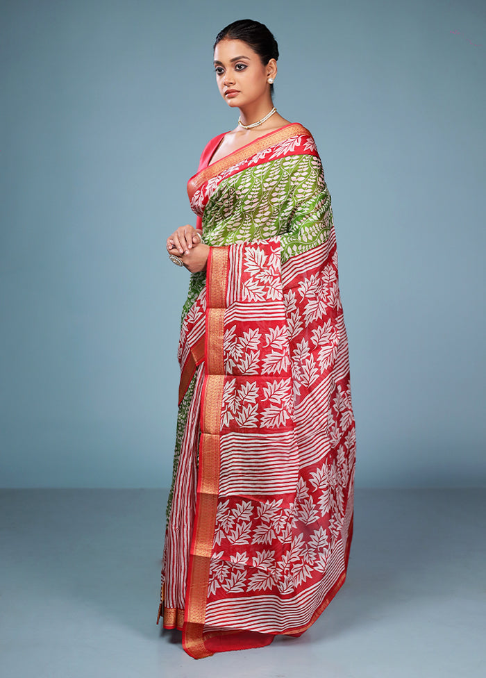 Green Printed Pure Silk Saree Without Blouse Piece