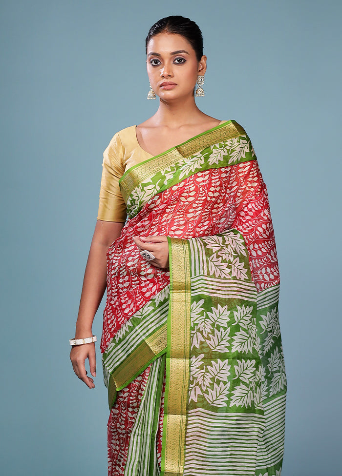 Red Printed Pure Silk Saree Without Blouse Piece
