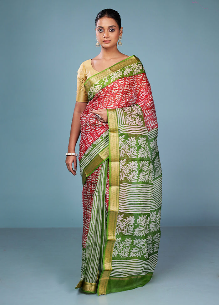 Red Printed Pure Silk Saree Without Blouse Piece