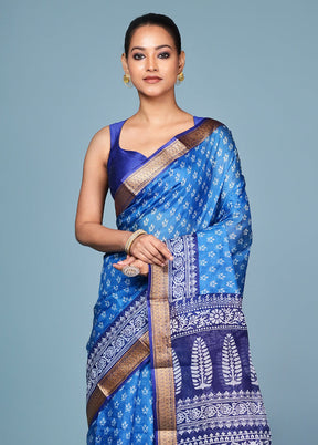 Blue Printed Pure Silk Saree Without Blouse Piece