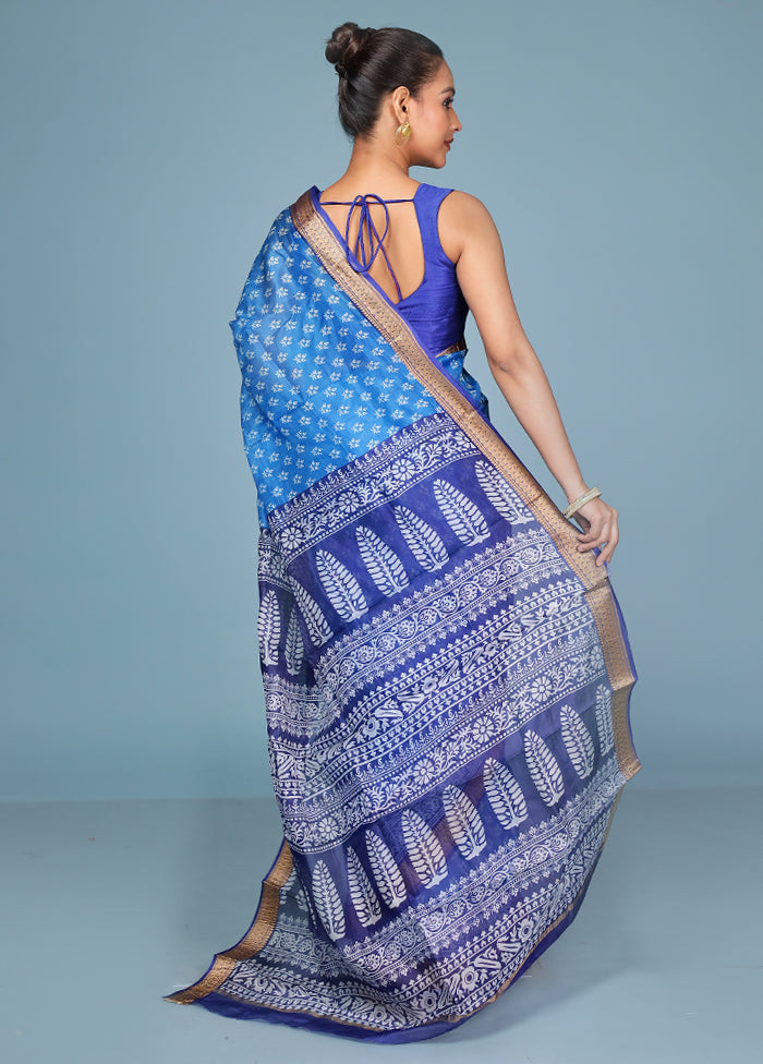 Blue Printed Pure Silk Saree Without Blouse Piece