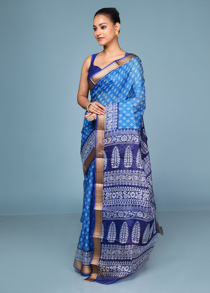 Blue Printed Pure Silk Saree Without Blouse Piece