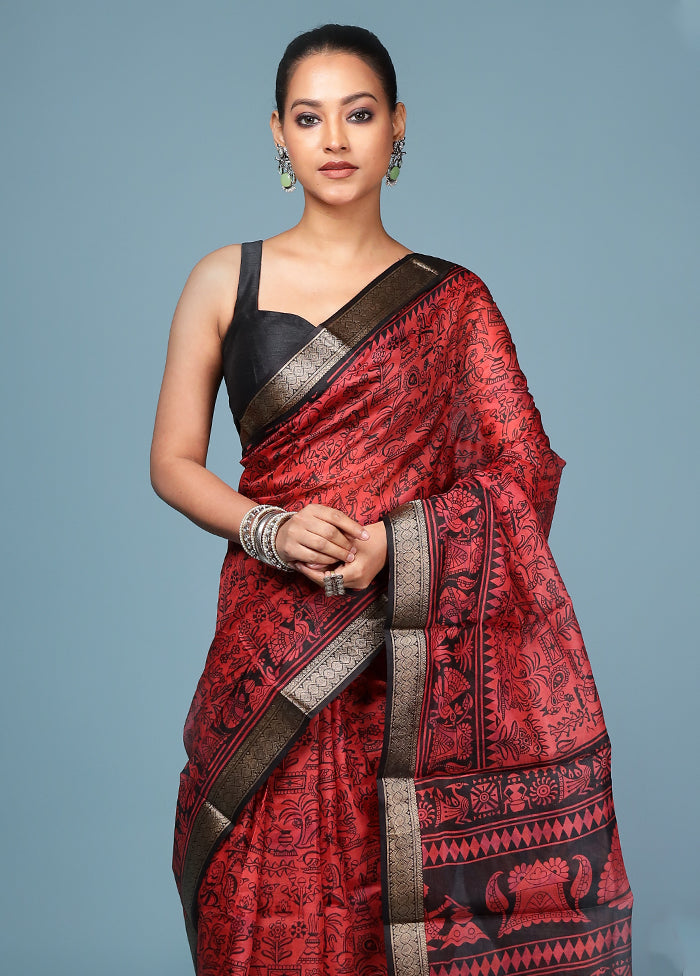 Rust Printed Pure Silk Saree Without Blouse Piece