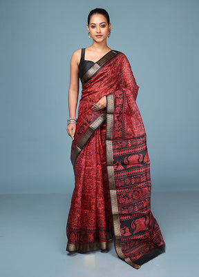 Rust Printed Pure Silk Saree Without Blouse Piece