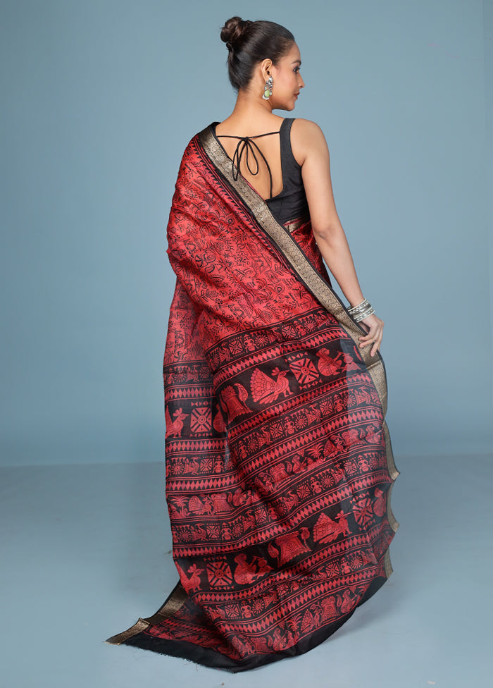 Rust Printed Pure Silk Saree Without Blouse Piece