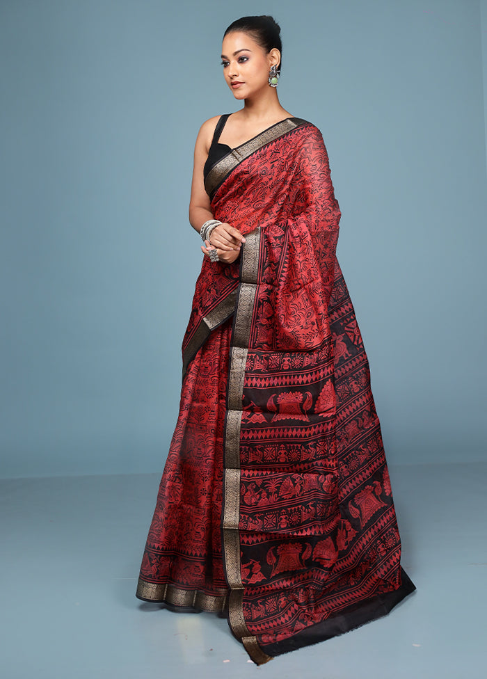Rust Printed Pure Silk Saree Without Blouse Piece