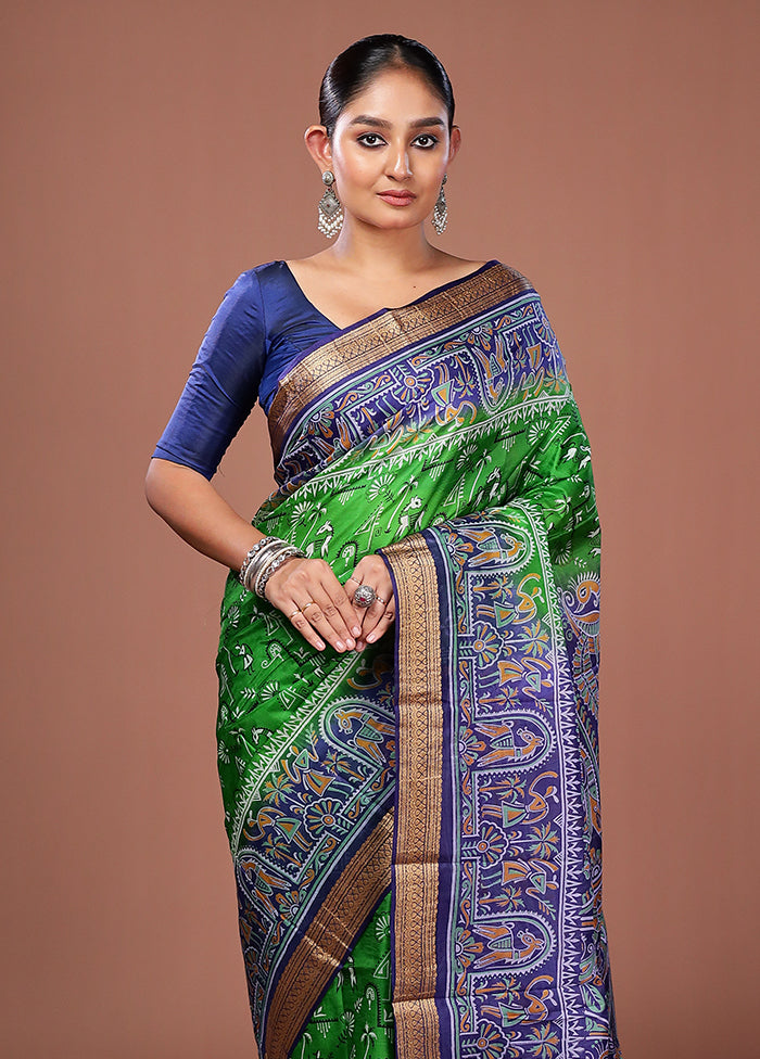 Green Printed Pure Silk Saree Without Blouse Piece