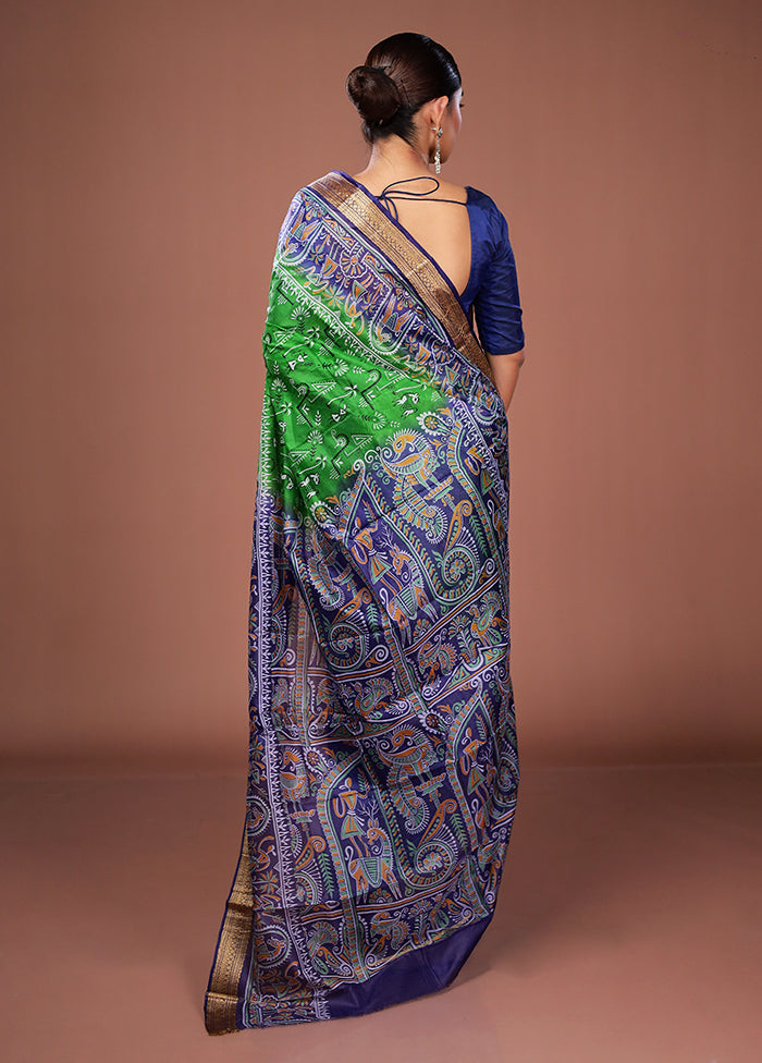 Green Printed Pure Silk Saree Without Blouse Piece