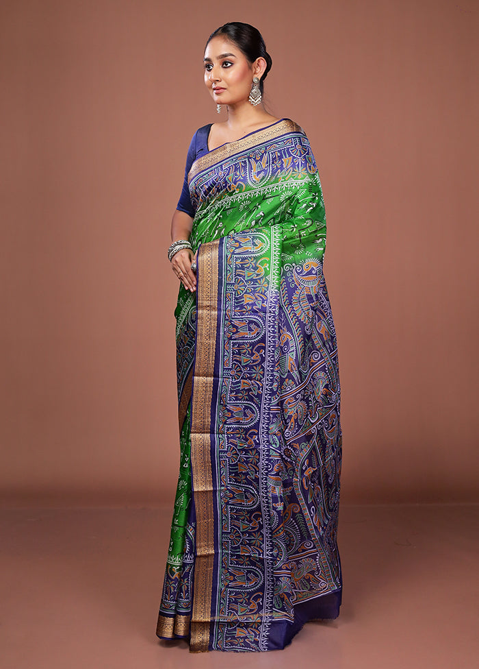 Green Printed Pure Silk Saree Without Blouse Piece