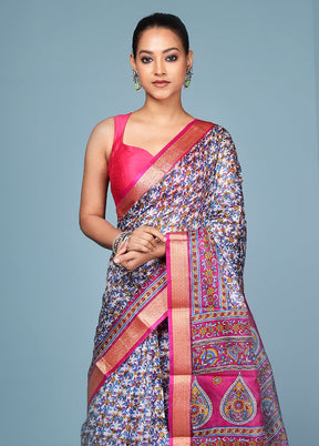 White Printed Pure Silk Saree Without Blouse Piece