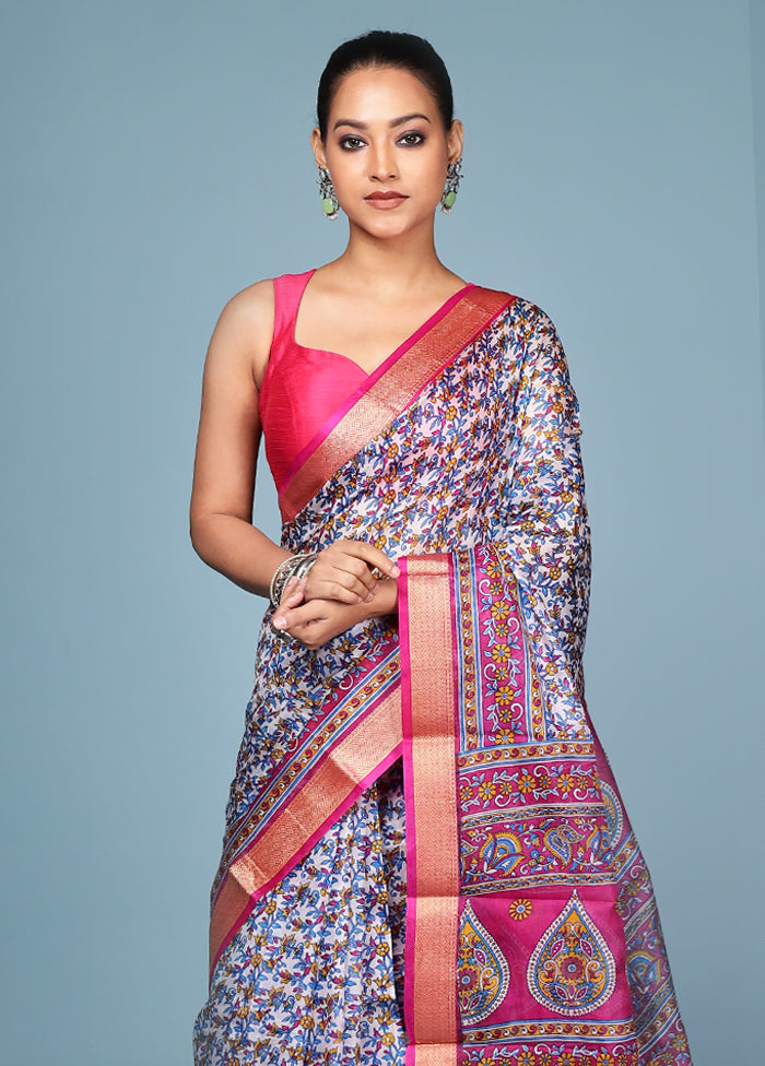 White Printed Pure Silk Saree Without Blouse Piece