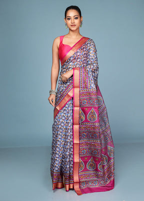 White Printed Pure Silk Saree Without Blouse Piece