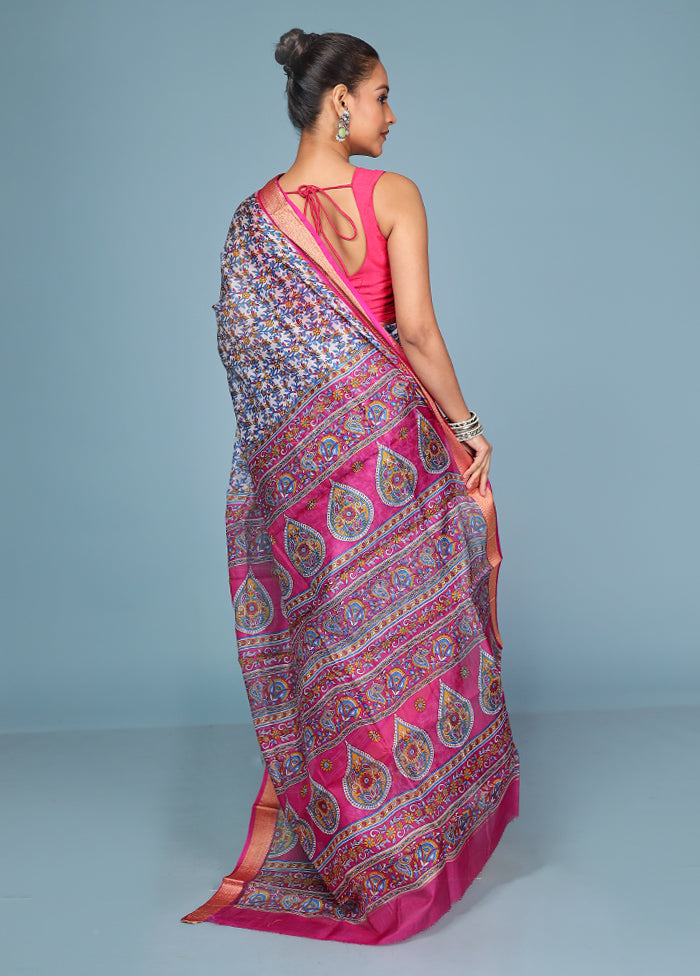 White Printed Pure Silk Saree Without Blouse Piece