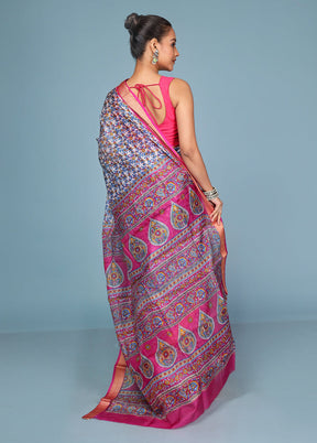White Printed Pure Silk Saree Without Blouse Piece