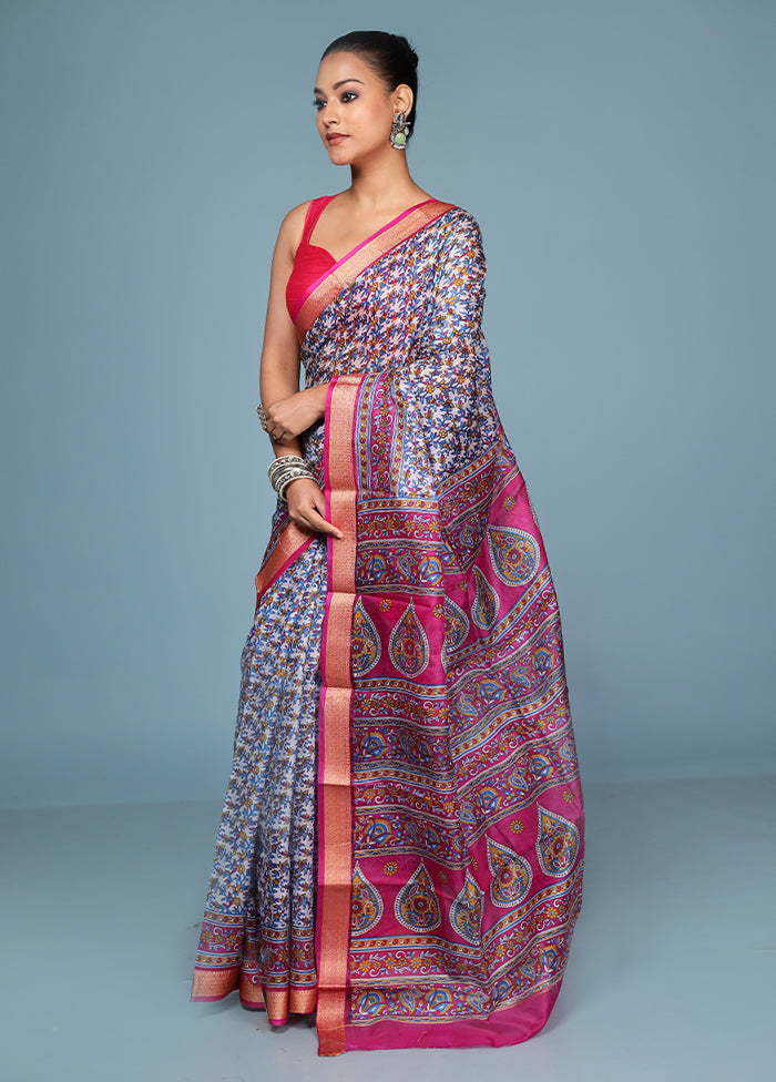 White Printed Pure Silk Saree Without Blouse Piece