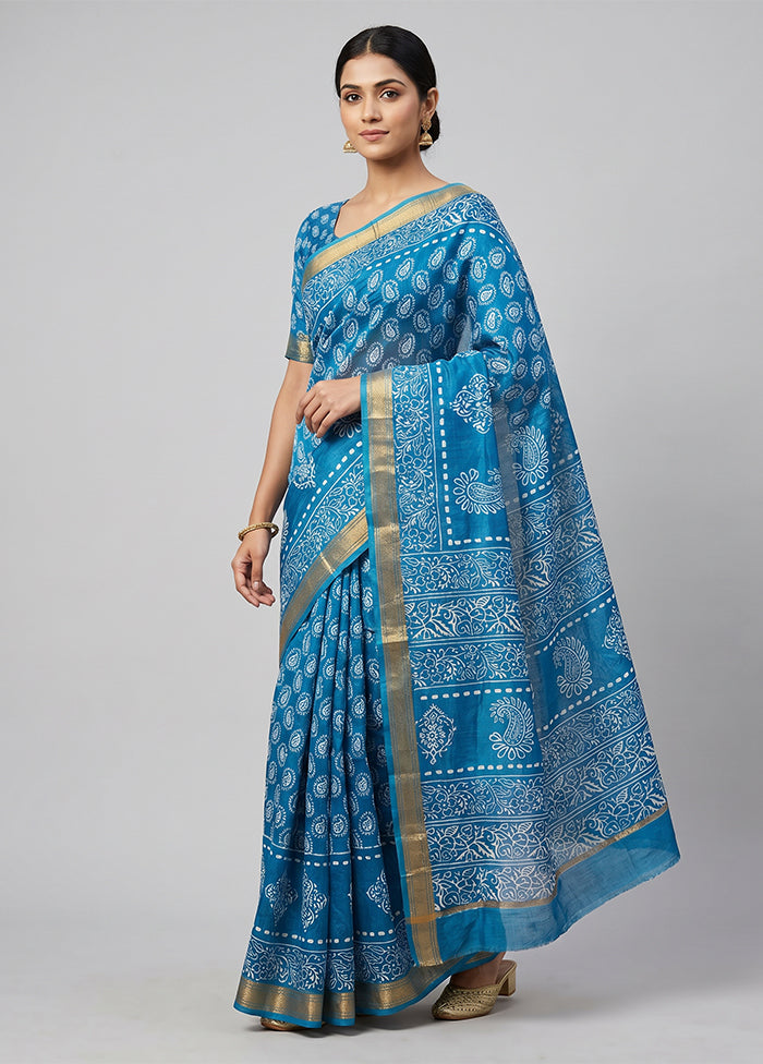 Blue Printed Silk Saree Without Blouse Piece