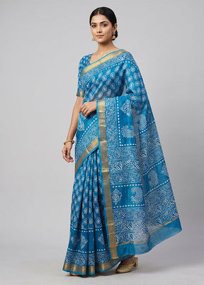 Blue Printed Silk Saree Without Blouse Piece