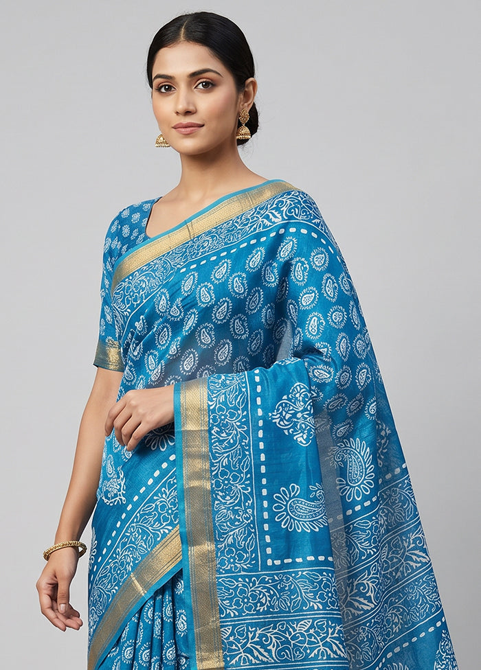 Blue Printed Silk Saree Without Blouse Piece