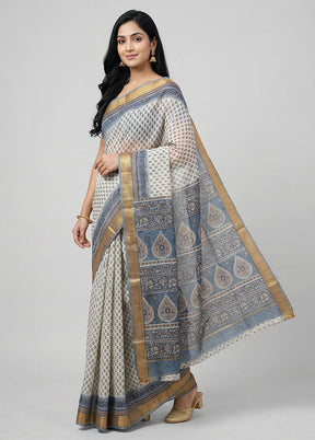 White Printed Silk Saree Without Blouse Piece