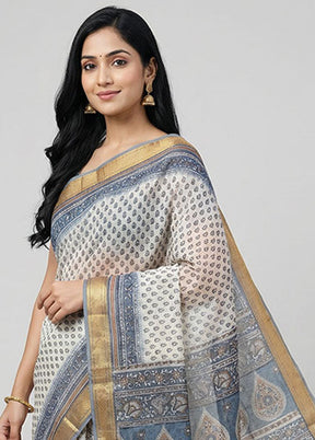 White Printed Silk Saree Without Blouse Piece