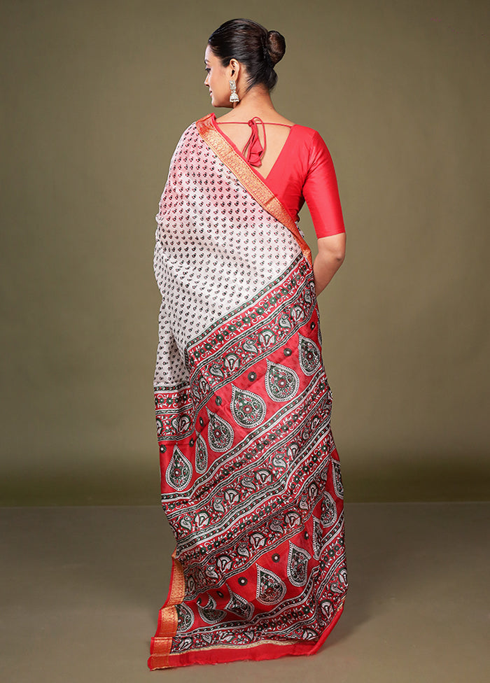 White Printed Pure Silk Saree Without Blouse Piece