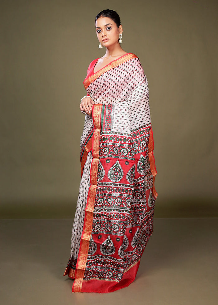White Printed Pure Silk Saree Without Blouse Piece