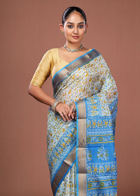 White Printed Pure Silk Saree Without Blouse Piece