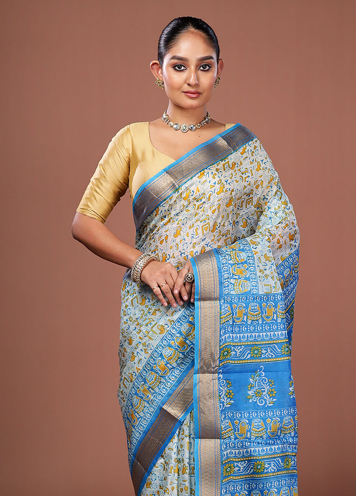White Printed Pure Silk Saree Without Blouse Piece