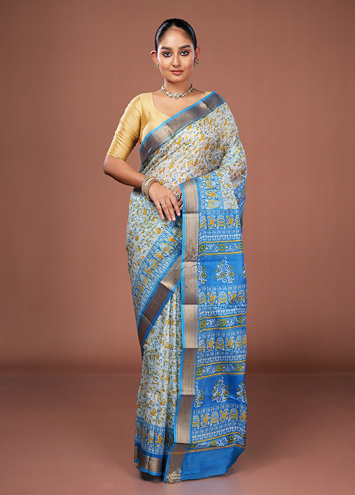 White Printed Pure Silk Saree Without Blouse Piece