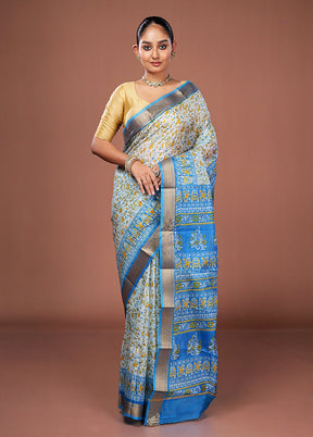 White Printed Pure Silk Saree Without Blouse Piece