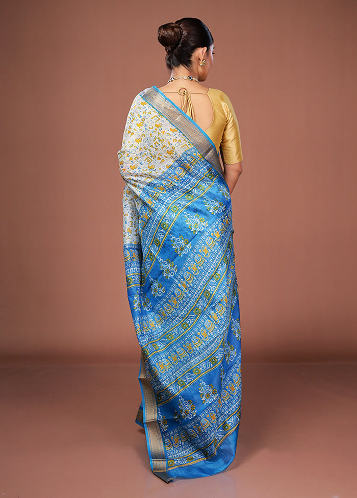 White Printed Pure Silk Saree Without Blouse Piece