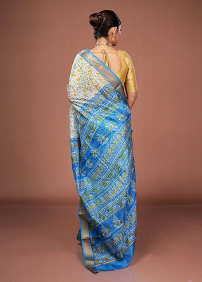 White Printed Pure Silk Saree Without Blouse Piece