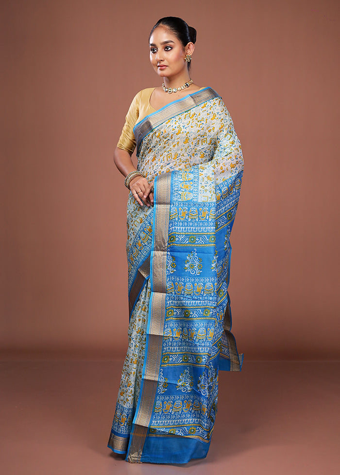 White Printed Pure Silk Saree Without Blouse Piece