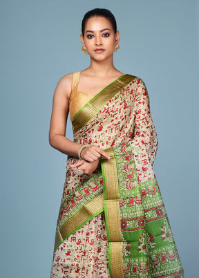 Cream Printed Pure Silk Saree Without Blouse Piece