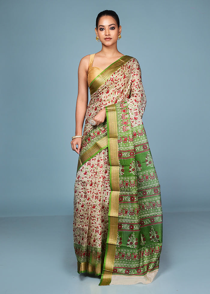 Cream Printed Pure Silk Saree Without Blouse Piece