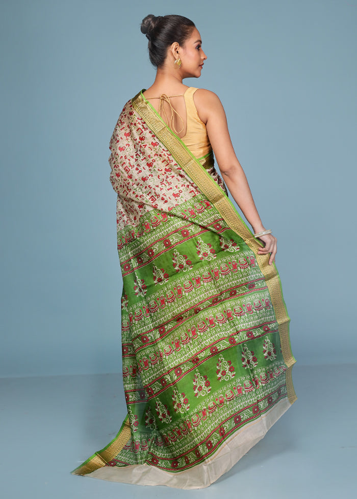 Cream Printed Pure Silk Saree Without Blouse Piece