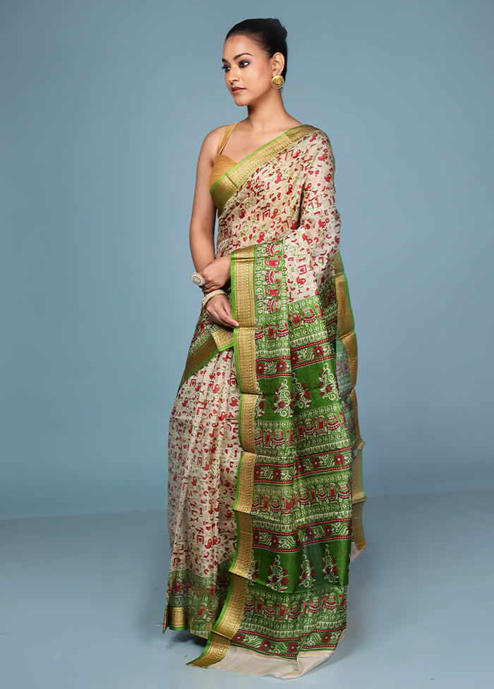 Cream Printed Pure Silk Saree Without Blouse Piece