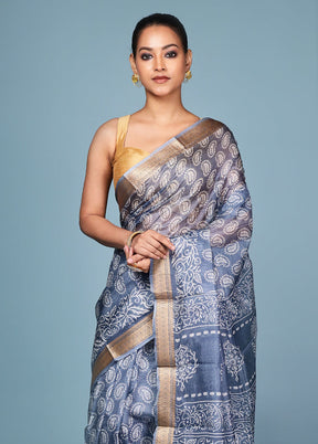 Grey Printed Pure Silk Saree Without Blouse Piece