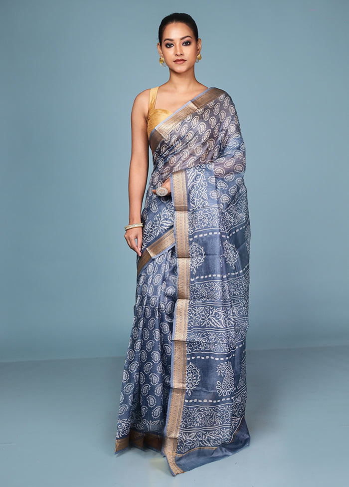 Grey Printed Pure Silk Saree Without Blouse Piece