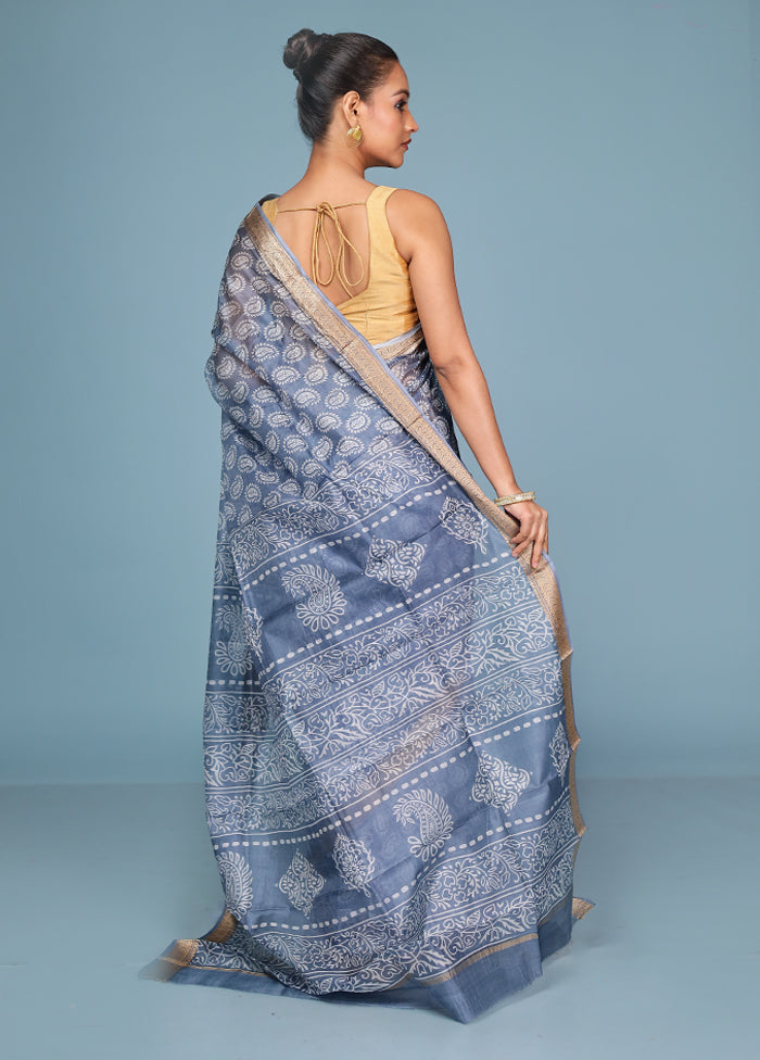 Grey Printed Pure Silk Saree Without Blouse Piece