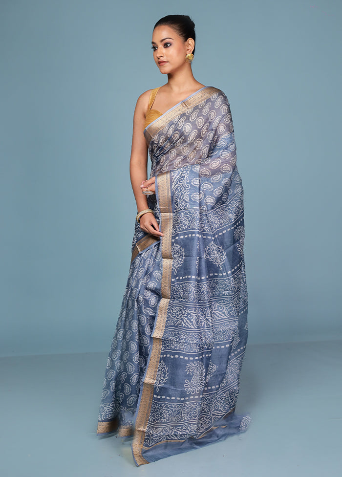 Grey Printed Pure Silk Saree Without Blouse Piece