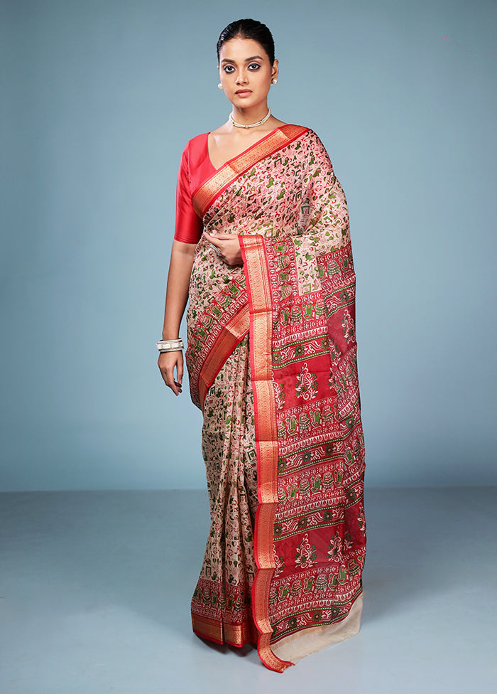 Cream Printed Pure Silk Saree Without Blouse Piece
