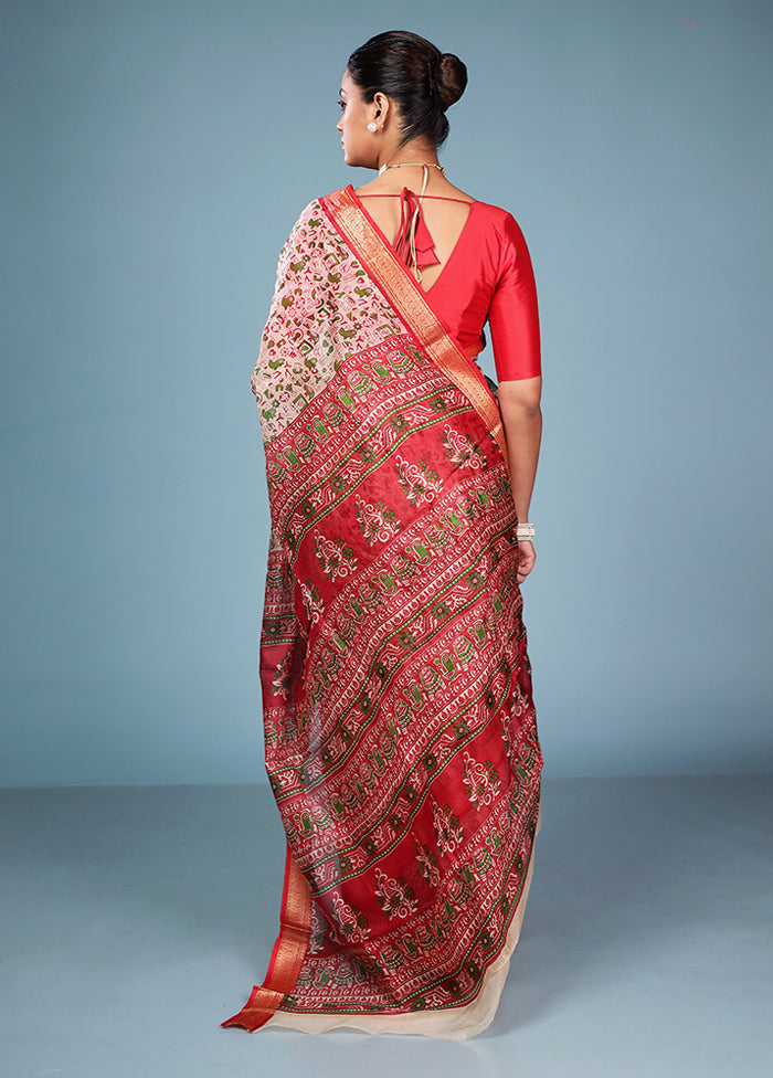 Cream Printed Pure Silk Saree Without Blouse Piece