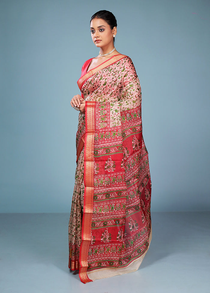 Cream Printed Pure Silk Saree Without Blouse Piece