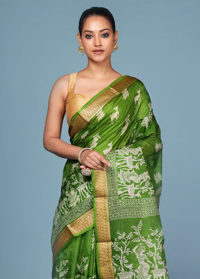 Green Printed Pure Silk Saree Without Blouse Piece