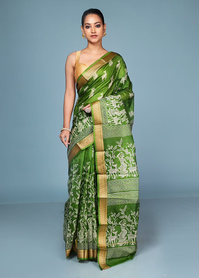 Green Printed Pure Silk Saree Without Blouse Piece